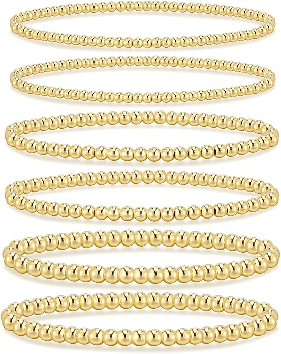 adoyi Gold Bracelets for Women Waterproof, 14K Gold Plated Beaded Strand Bead Ball Bracelets stack Adjustable Jewelry Set for Gifts