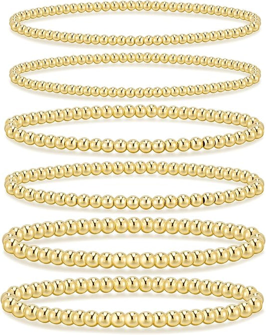 adoyi Gold Bracelets for Women Waterproof, 14K Gold Plated Beaded Strand Bead Ball Bracelets stack Adjustable Jewelry Set for Gifts