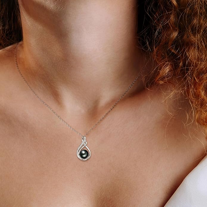 Tahitian Black Pearl Necklaces for Women, Sterling Silver Single Pearl Pendant Necklace Birthday Anniversary Jewelry Gifts for Wife Mom