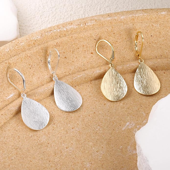 14K Gold Dangle Earrings for Women，Lightweight Circle Disc Coin Geometric Flat Brushed Drop Earrings, Hypoallergenic Leverback Earrings S925 Jewelry