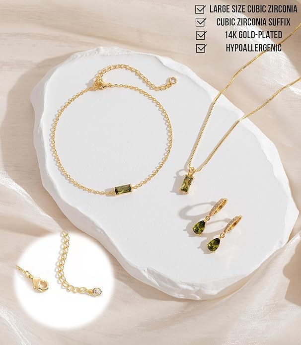 Birthstone 14K Gold Plated Bracelets Earrings Necklaces Jewelry Set， Blue Green May Cubic Zirconia，Friendship Bracelets Jewelry Gifts for Mom Best Friend Birthday