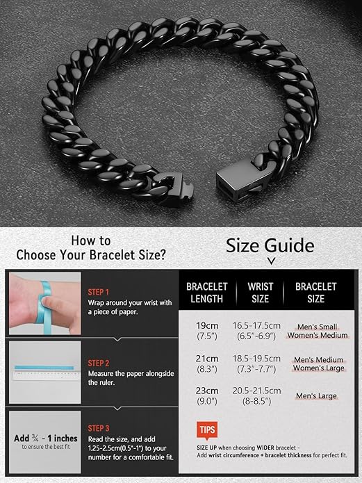 FaithHeart Mens Stainless Steel Cuban Link Bracelet - 5/7/9/12mm Width 7.5"/8.3"/9" Black/Silver/Gold Plated Heavy Duty Wrist Chain Bracelet Hip Hop Jewelry Birthday Gifts for Him