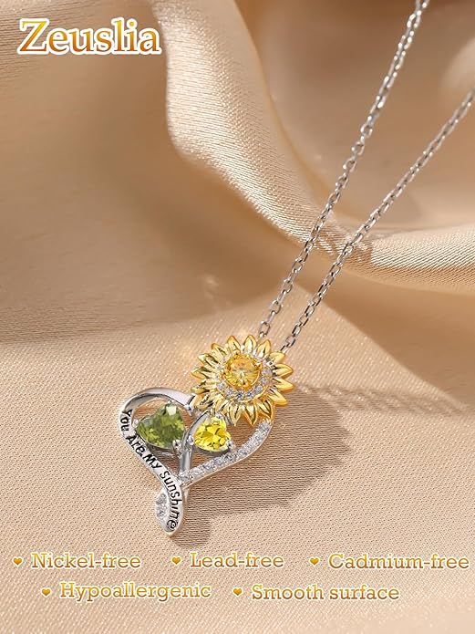 Zeuslia Double Birthstone Necklace Gifts for Wife - 925 Sterling Silver Sunflower/Rose/Crown Cross/Compass/Heart Pendant I Love You Necklace, Anniversary Birthday Gifts for Wife Girlfriend Mom Her