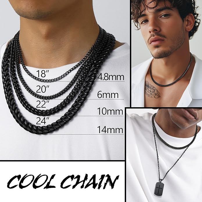 PROSTEEL 316L Stainless Steel Figaro Cuban Chain Necklace for Men, Black/18K Real Gold Plated, 4/5/6/7.5/9/10/13mm, 14inch-30inch, Come with Box