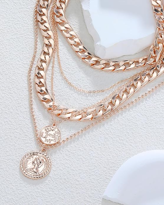 MJartoria Layered Necklaces for Women Trendy Retro Coin Pendant Necklace Dainty Chunky Chain Choker Necklaces for Jewelry Birthday Gifts