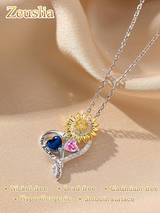 Zeuslia Double Birthstone Necklace Gifts for Wife - 925 Sterling Silver Sunflower/Rose/Crown Cross/Compass/Heart Pendant I Love You Necklace, Anniversary Birthday Gifts for Wife Girlfriend Mom Her