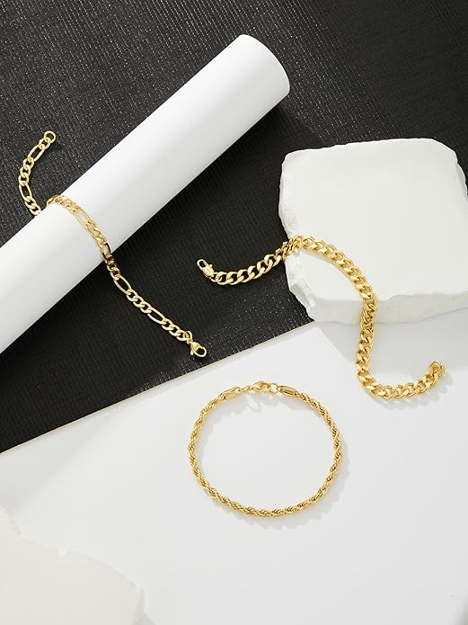 3 PCS Silver Bracelets for Men 925 Sterling Silver/14K Gold Palted Cuban Link Chain Bracelet Figaro Rope Bracelet Set Mens Jewelry Gifts for Dad Husband Boyfriend 7.5/8.2 Inches