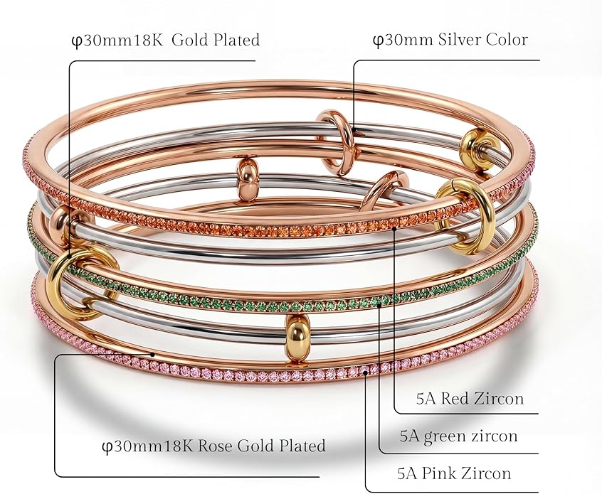 Musishiyu Gold Bracelets for Women Stacking Bangle - 18K Mixed Metal Tri-Color Rolling Interlocking Bands, Cubic Zirconia Fidget Anxiety Jewelry, Valentine's Galentine's Day Gifts (Love, Loyalty, Friendship)