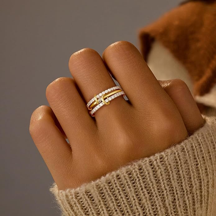 SUYACS 14K Gold Plated Interlocked Stackable Rings for Women Non Tarnish 925 Sterling Silver Mixed Metals Multi Statement Stack Ring Two Tone Connected Bands CZ Thumb Ring Jewelry Gifts
