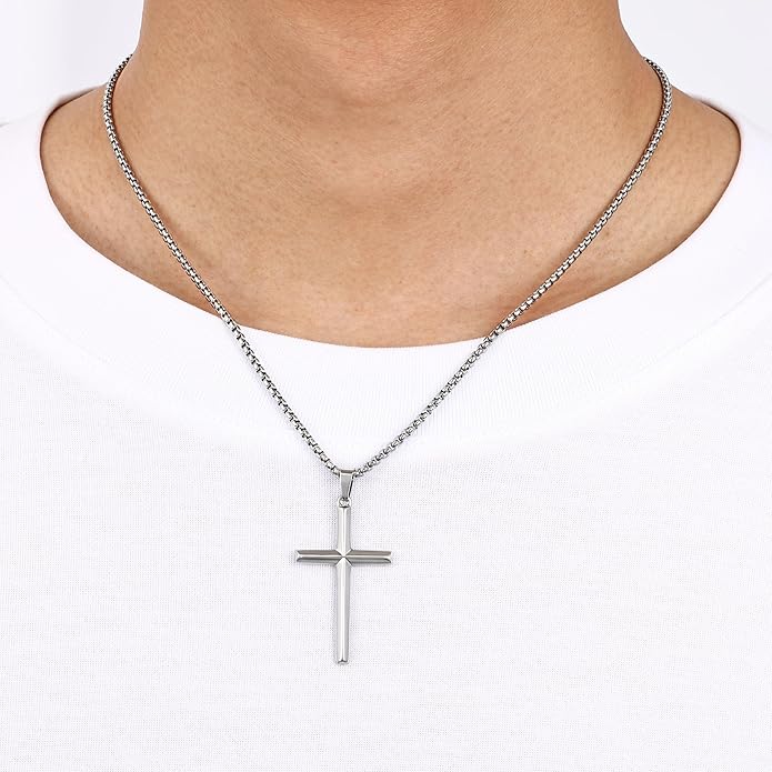 Fiusem Beveled Edge Cross Necklace for Men, Silver Tone/Black/14K Gold Plated Mens Cross Necklace, 2.5MM Stainless Steel Box Chain with Pendant