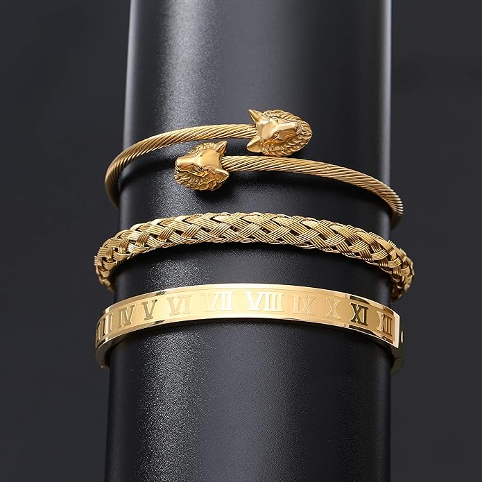 WFYOU 3PCS Stainless Steel Bracelets for Men Gold Roman Numeral Bangle Bracelet Twisted Cable Bracelet Adjustable Cuff Bracelet Mens Luxury Jewelry Bracelets Gifts