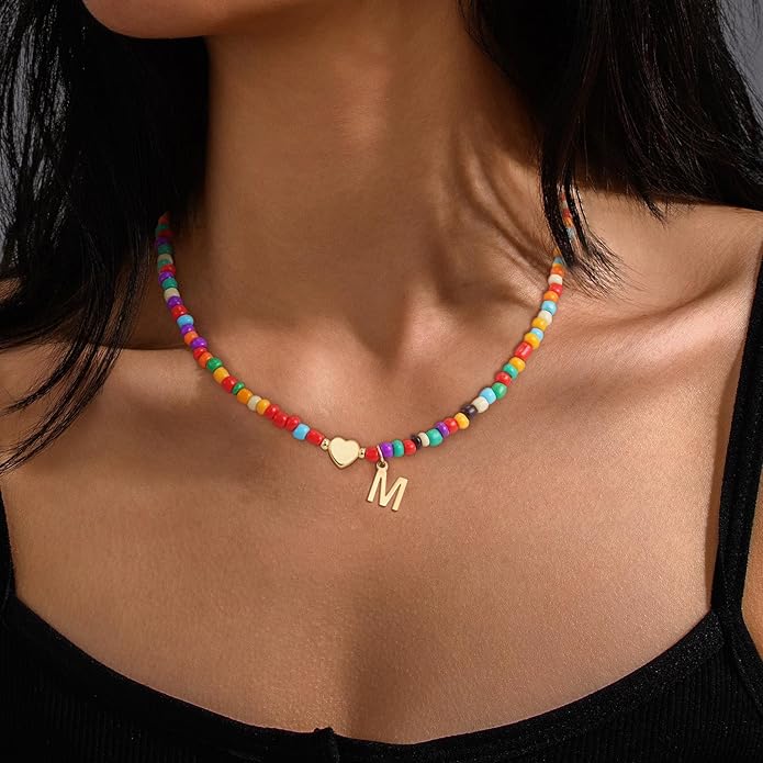 Colorful Initial Necklaces for Girls Women Kids - Teen Girls Gifts Trendy Stuff Beaded Initial Necklace Dainty Letter Choker Necklace for Girl Gifts Jewelry