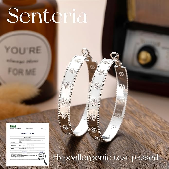 Senteria 8mm Wide 925 Sterling Silver Hoop Earrings for Women Hypoallergenic Chunky Silver Hoop Earrings with Flower Large Thick Hoops Earring Lightweight 14K Gold Plated Hoops for Women 25/30/40/50mm