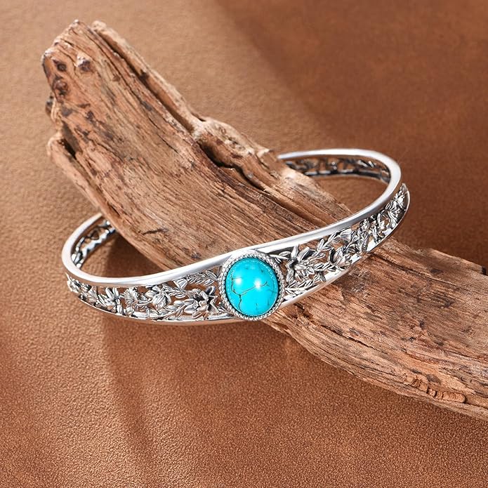 Christmas Jewelry Gift for Women-Genuine Turquoise Cuff Bracelet, Sterling Silver Western Vintage Floral Bangle Native American Jewelry, For 6.5-7.5 Inch Wrists