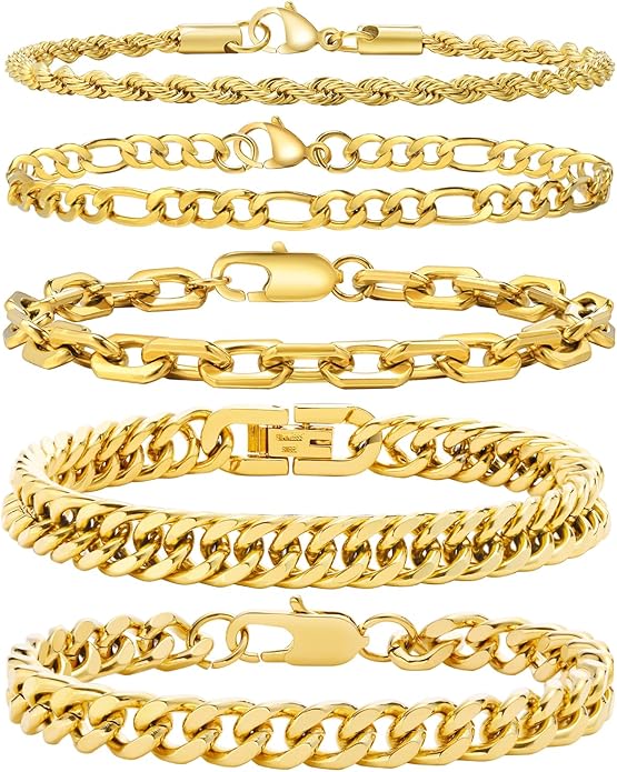 VNOX 5/7 Pcs Chain Bracelet for Men Women - Sturdy Stainless Steel Curb Width Cuban Link Chain Bracelet Set for Men Women,6.5/7/7.4/8.2/9 Inches