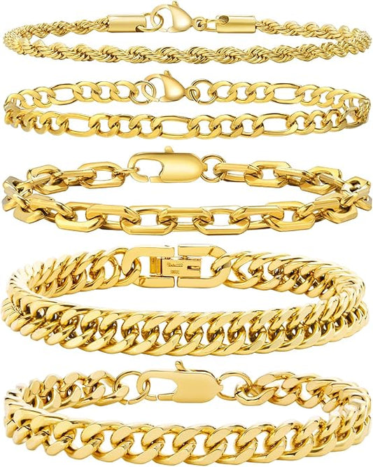 VNOX 5/7 Pcs Chain Bracelet for Men Women - Sturdy Stainless Steel Curb Width Cuban Link Chain Bracelet Set for Men Women,6.5/7/7.4/8.2/9 Inches
