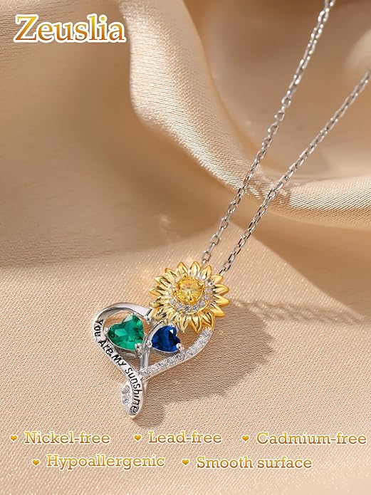 Zeuslia Double Birthstone Necklace Gifts for Wife - 925 Sterling Silver Sunflower/Rose/Crown Cross/Compass/Heart Pendant I Love You Necklace, Anniversary Birthday Gifts for Wife Girlfriend Mom Her