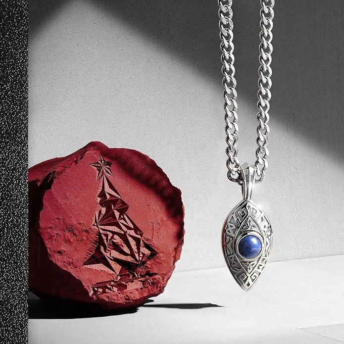 AWNL Dumortierite Moving Ball Necklace for Men Sterling Silver Engraved Runes Natural Gemstone Premium Pendant Necklace with Stainless Steel Chain Gift for Men 24 Inch