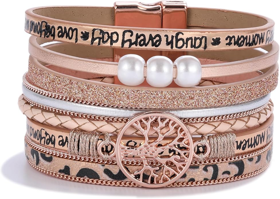FANCY SHINY Tree of Life Leather Wrap Bracelet Inspirational Cuff Bangles Boho Pearl Bracelets with Magnetic Clasp Unique Jewelry Gifts for Women