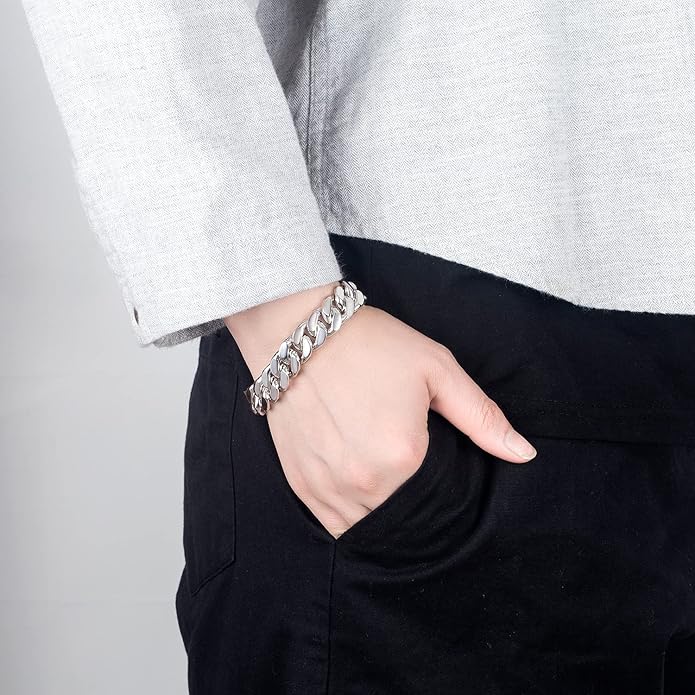 Fashion 925 Sterling Silver Solid Miami Cuban Link Chain Bracelet 8MM-12MM-14MM Curb Cuban Solid Thick Big Link Bracelet For Men 7-10 Inch Jewelry Gift