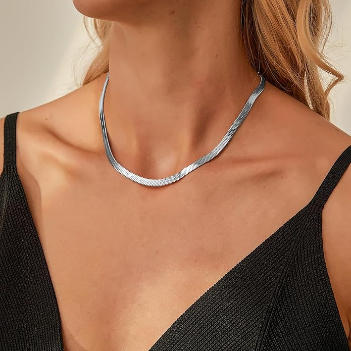 Jewlpire 925 Sterling Silver Herringbone Necklace for Women, 3mm 4mm 5mm Necklace for Women Herringbone Chain Necklaces Dainty Women's Chain Necklaces 16 18 20 22 24 Inch