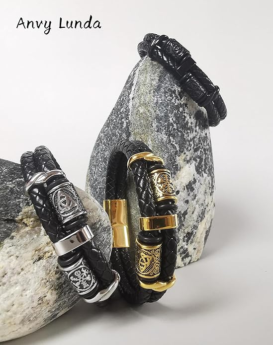 Viking Compass Celtic Knot Bracelet, Mens 14K Gold Plated Black Braided Leather Cuff, 316L Stainless Steel Jewelry for Women Friend Father Husband Son