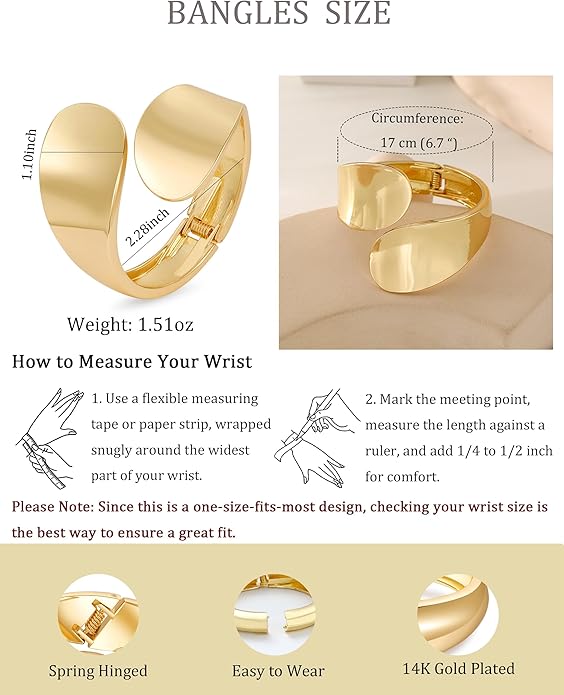 Bangle Bracelets for Women | 14K Gold Plated Trendy Wide Bracelets | Hinged Arm Cuff Bangles Chunky Bracelet for Women