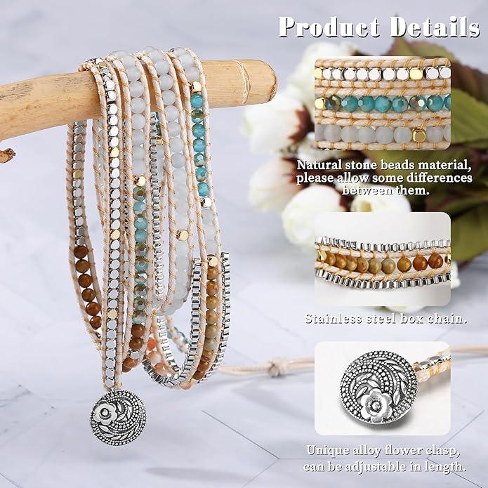 Boho 5 Wrap Bead Bracelet for Men Women - Handmade Adjustable Natural Chakras Stone Crystal Beaded Bracelets Cuff Rope Yoga Healing Bracelet Bangle Hippie Jewelry