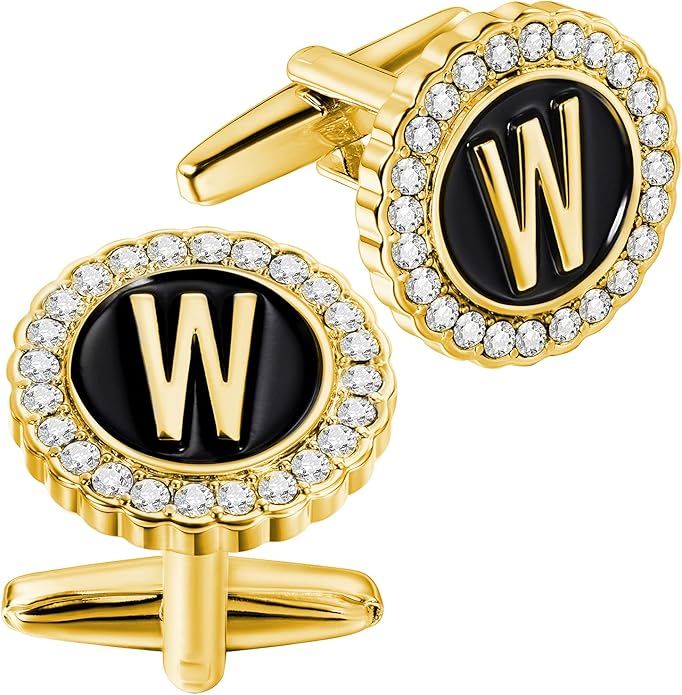 HAWSON A-Z Initial Cufflinks for Men and Women with Clear Crystal, Gold Silver Color Rasied Letter A-Z Cuff Links for French Shirt, Gift for Normal and Business Wearing