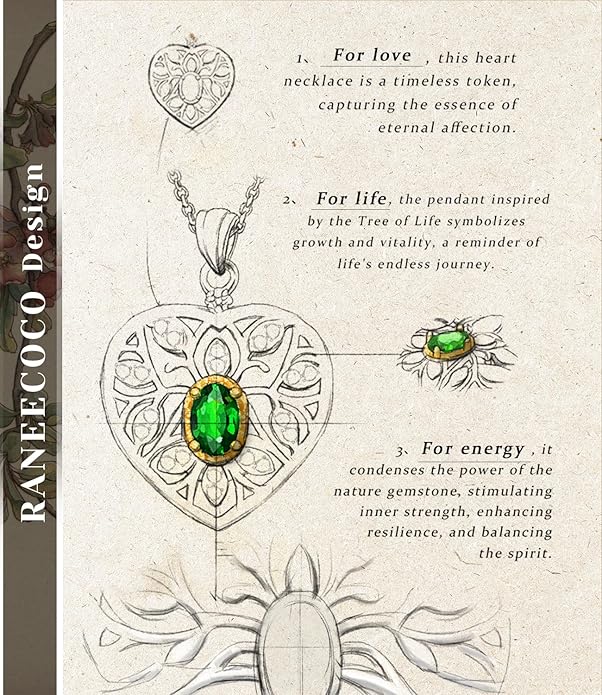 Raneecoco Natural Gemstone Necklace for Women 18K Gold Plated Sterling Silver Two-Tone Tree of Life & Love Heart Pendant Jewelry | Dainty Birthstone Gift For Her Mother Wife