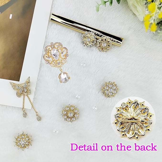 Yhsheen Gold Rhinestone Brooches Pin Kits Crystal Pearl Brooches for Bouquets for Wedding Decoration Accessories Jewelry Making Crafts(Gold-14PCS)-D