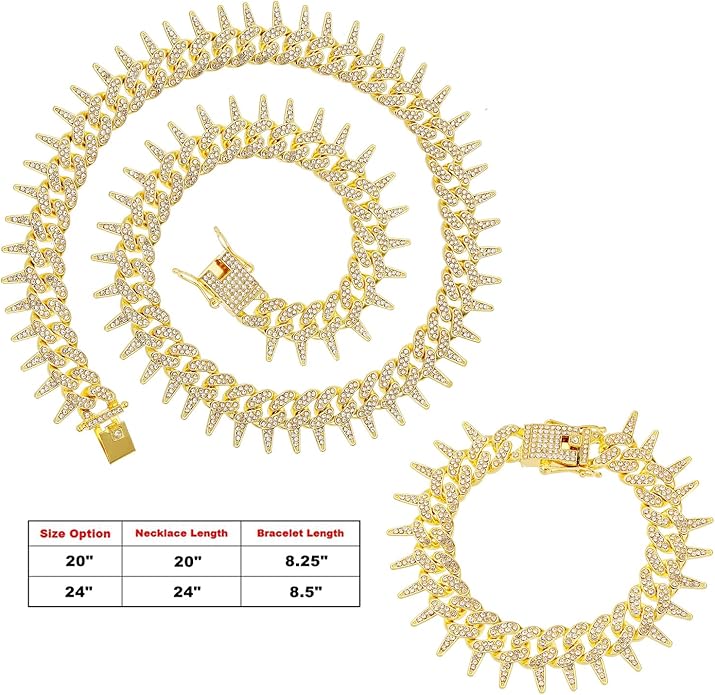 HH BLING EMPIRE Mens Gold Silver Plated Spike Cuban Link Chain Necklace and Bracelet Sets, Chunky Iced Out Diamond Miami Cuban Link Chains Hip Hop Jewelry