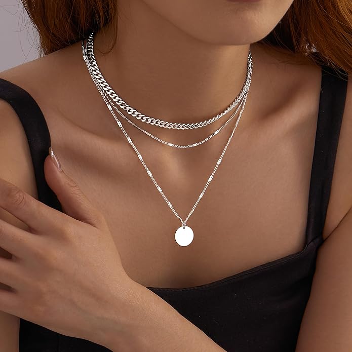 WomenGifts Layered Gold Necklaces for Women, 14K Gold Sterling Silver Plated Dainty Pendant Necklace Set with Cubic Zirconia Circle, Chunky Stackable Cuban Chain Choker, Trendy Personalized Birthstone Jewelry Gift Non Tarnish