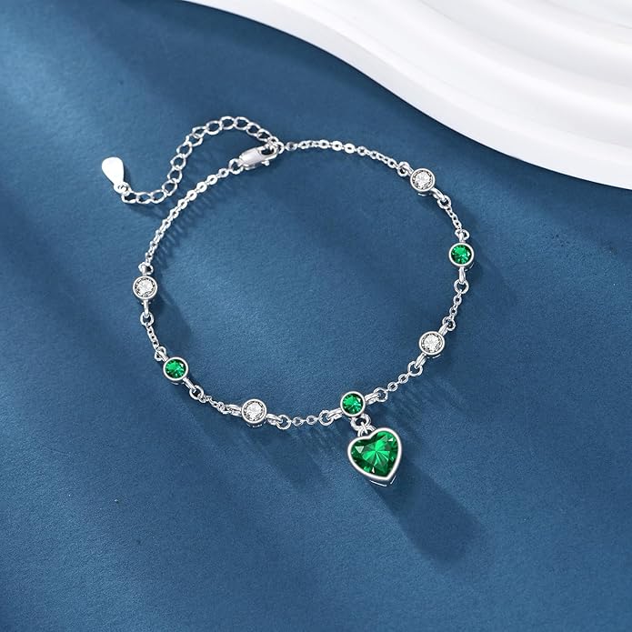 Emerald Bracelet for Women 925 Sterling Silver Love Heart May Birthstone Bracelet for Gifts