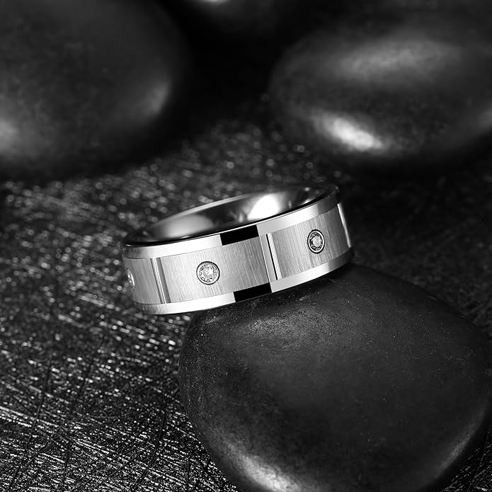 King Will Mens Tungsten Wedding Band with Cubic Zircon Inlay 7mm/8mm Flat Cut Comfort Fit Engagement Rings