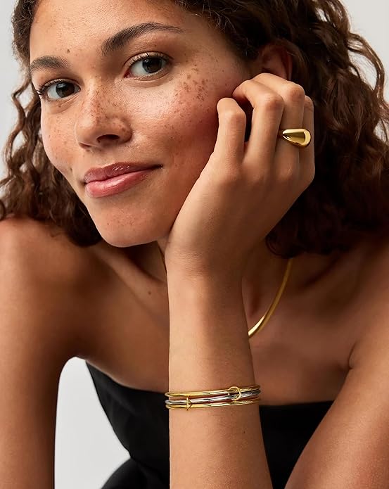 NOKMIT Triple Interlocked Stackable Bangle Bracelets for Women 3-Pack Two-Tone High Polished Stainless Steel Bangle Set Classic Plain Thin Non-Tarnish Gold&Silver