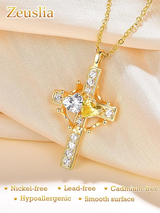 Zeuslia Double Birthstone Necklace Gifts for Wife - 925 Sterling Silver Sunflower/Rose/Crown Cross/Compass/Heart Pendant I Love You Necklace, Anniversary Birthday Gifts for Wife Girlfriend Mom Her