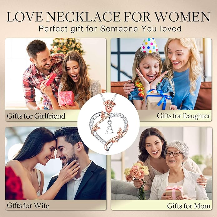 Iefil Rose Heart Necklaces Gifts for Women - 925 Sterling Silver Heart Initial Necklace, Anniversary Birthday Gifts for Women, Jewelry Gift for Wife Wife Girlfriend Mom