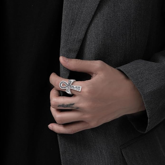 EUDORA S925 Sterling Silver St Benedict Ring San Benito Rings for Women Men, Vintage Ankh Cross Ring Saint Benedict Amulet Adjustable Rings Gifts for Women Mens Father Mother