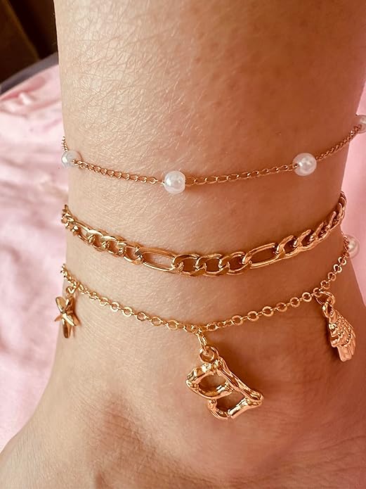 Initial Charm Anklets For Women Shell Letter Anklets Set Gold Charms Pendant Boho Summer Seashell Beach 14k Jewelry for Women Gift