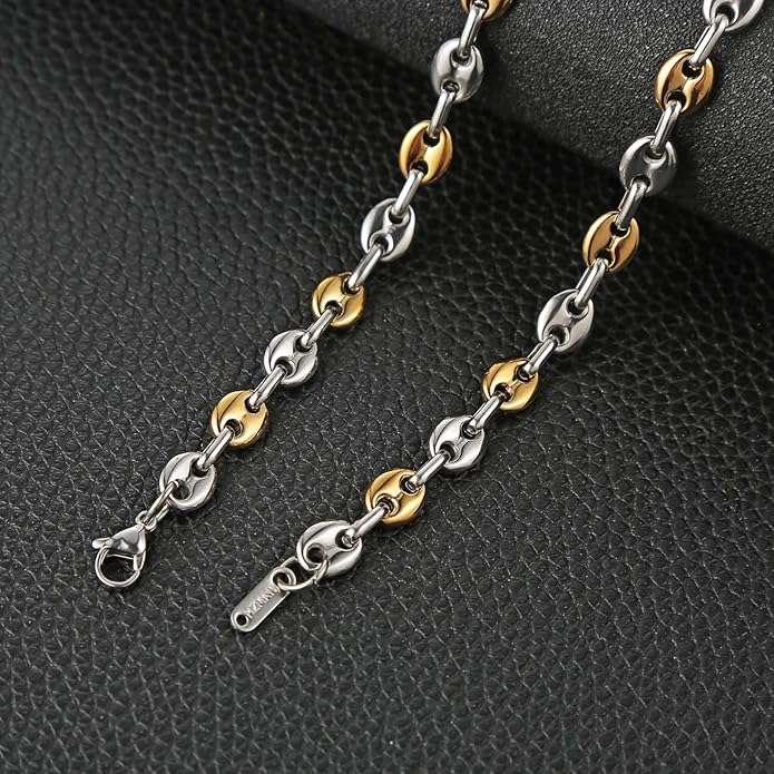 HZMAN Stainless Steel Necklace for Men Hip Hop Polished Coffee Bean Silver Men's Chain Necklace Jewelry Gift