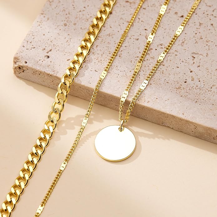 WomenGifts Layered Gold Necklaces for Women, 14K Gold Sterling Silver Plated Dainty Pendant Necklace Set with Cubic Zirconia Circle, Chunky Stackable Cuban Chain Choker, Trendy Personalized Birthstone Jewelry Gift Non Tarnish