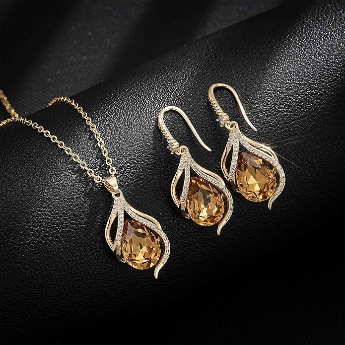 EVEVIC Austrian Crystals Teardrop Hollow Twisted Pendant Necklace Earrings for Women 14K Gold Plated Halo Drop Dangle Earrings Hypoallergenic Jewelry Set