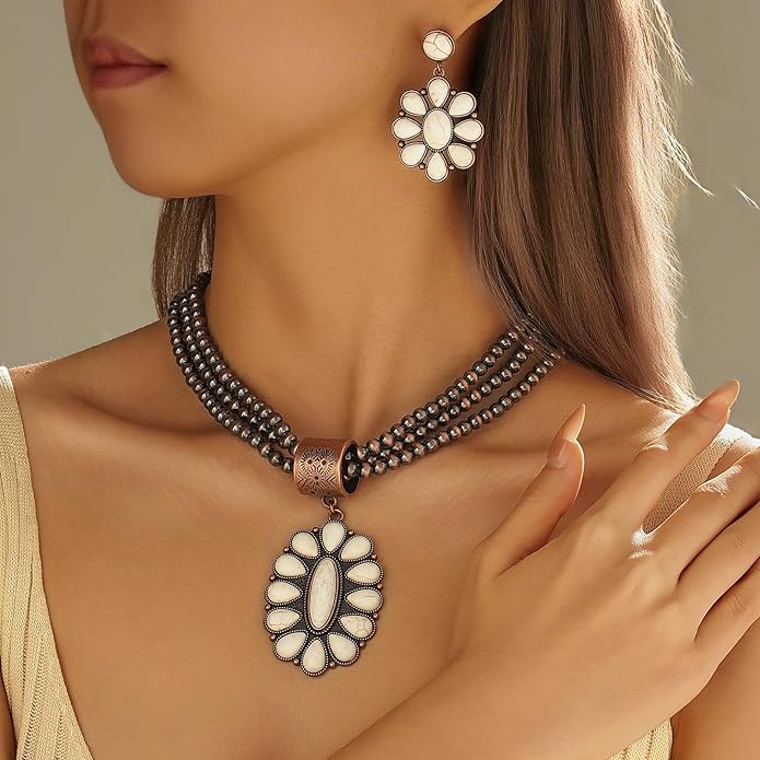 Western Jewelry Sets for Women – Turquoise Necklace and Earring Set Vintage Boho Cowgirl Accessories Country Jewelry Gift for Her