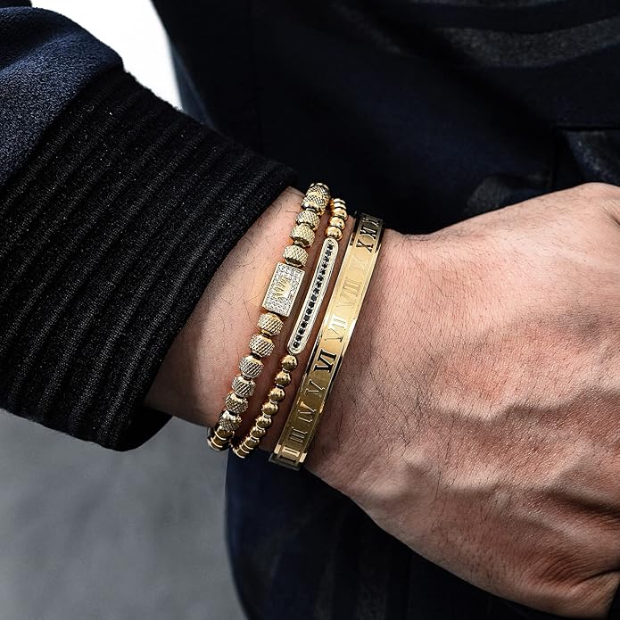 WFYOU 3PCS Stainless Steel Bracelets for Men Gold Roman Numeral Bangle Bracelet Twisted Cable Bracelet Adjustable Cuff Bracelet Mens Luxury Jewelry Bracelets Gifts