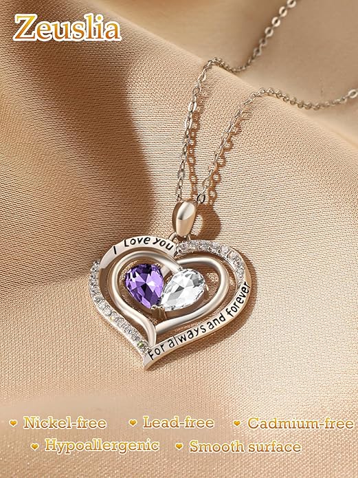 Zeuslia Double Birthstone Necklace Gifts for Wife - 925 Sterling Silver Sunflower/Rose/Crown Cross/Compass/Heart Pendant I Love You Necklace, Anniversary Birthday Gifts for Wife Girlfriend Mom Her