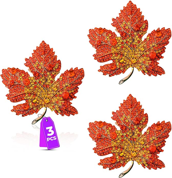 Vintage Maple Leaf Brooch Pin, with Rhinestones Autumn Thanksgiving Lapel Pin Set, Sparkling Floral Design for Wedding Party Jewelry Accessories Fall Gift Ideas
