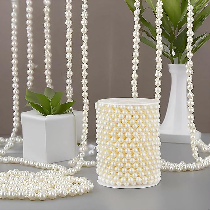 ZPEXRV 48 Feet Faux Pearl Beads Garland 8mm Craft String Pearls for Wedding Centerpiece Christmas Tree and Flowers Decoration DIY (Ivory)