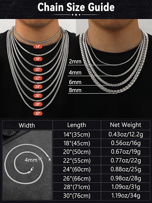 FaithHeart Mens Black/Silver/Gold Stainless Steel Flat Box Link Chain Necklace, Stylish 2/4/6/8mm Width Box Chains Necklaces for Men Non Tarnish Hip Hop Chain Jewelry Gifts,14"-30" Length