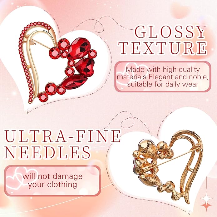 Junkin 6 Pcs Love Heart Brooch Pin Women Crystal Rhinestone Gift Hollow Lapel Crystal Brooch Pins for Girls Party Wedding Festivals Valentine's Day
